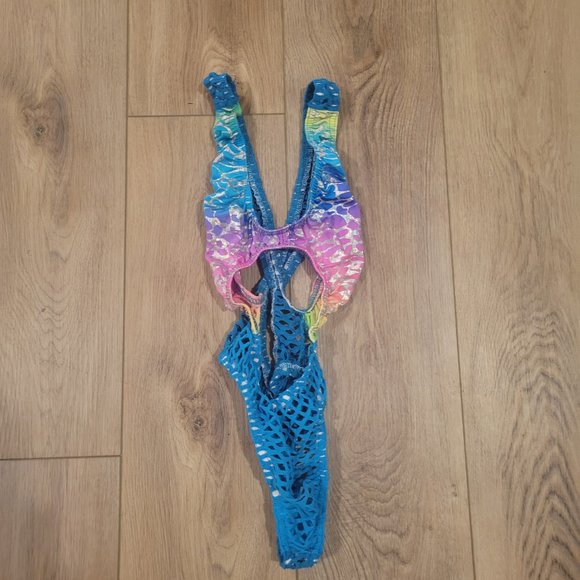 Handmade Blue Rainbow Tropical Print Crossback Thong Bodysuit - Picture 2 of 2